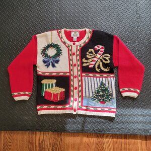 Women's Vintage Christmas Knit Cardigan Sweater Tiara International, Red, Medium